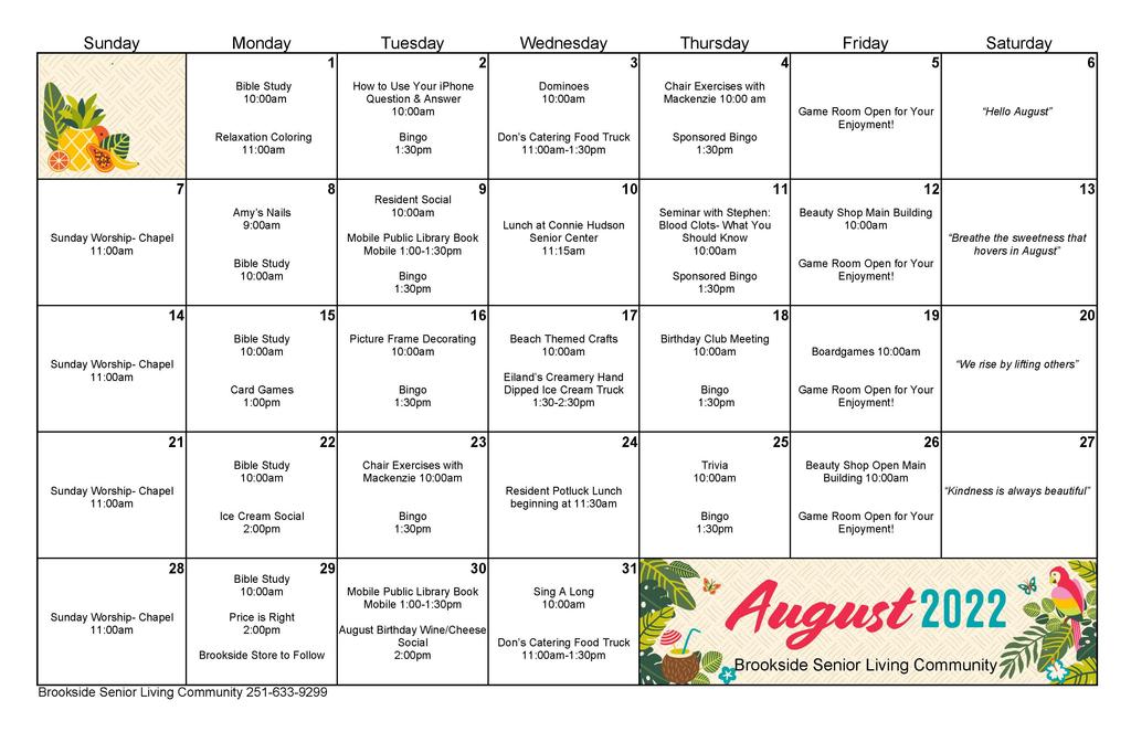 August Activities Calendar Brookside Senior Living Activity Calendar