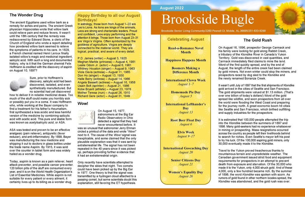 Brookside Senior Living Activity Calendar