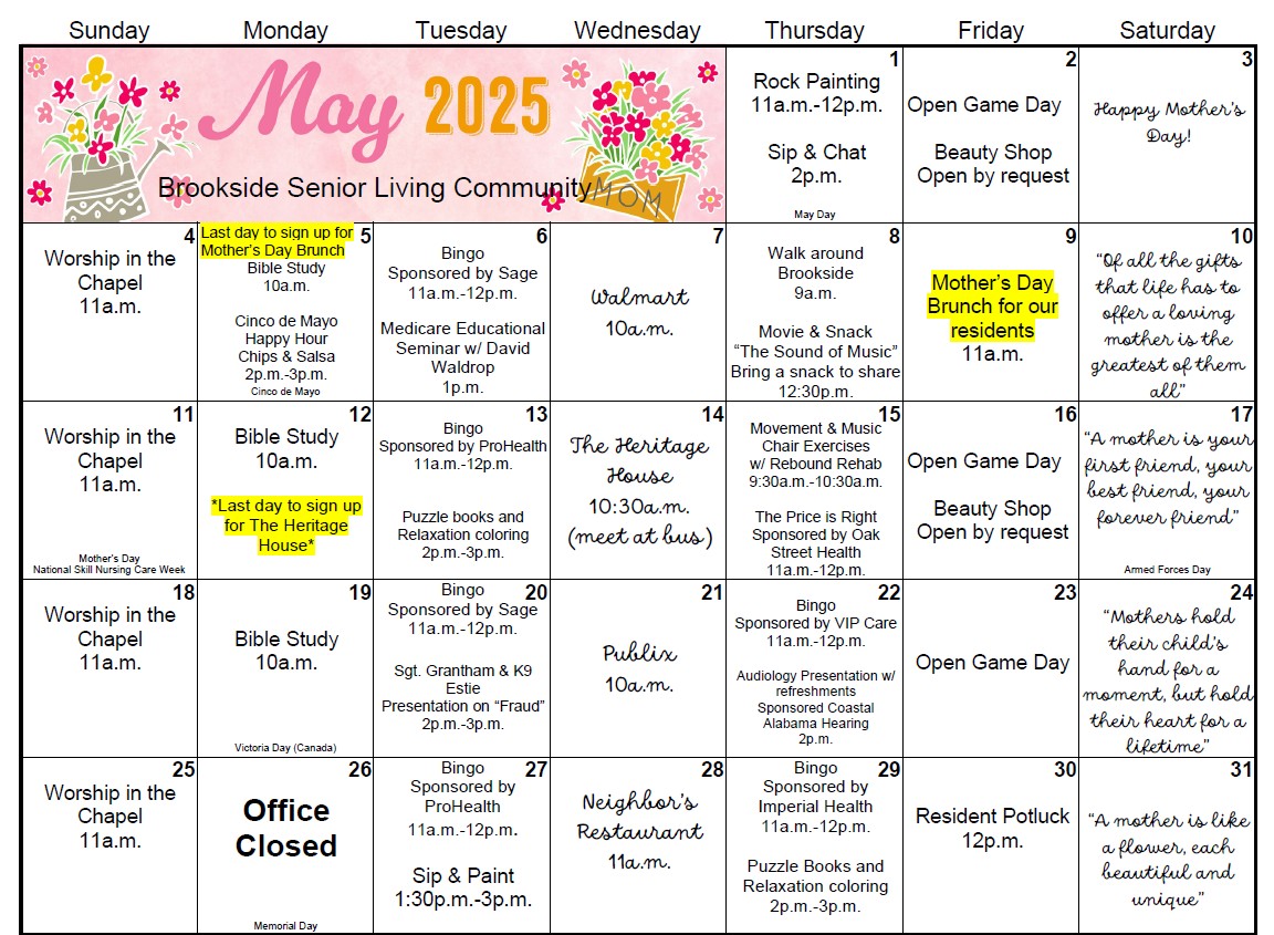 Calendar Brookside Senior Living Events