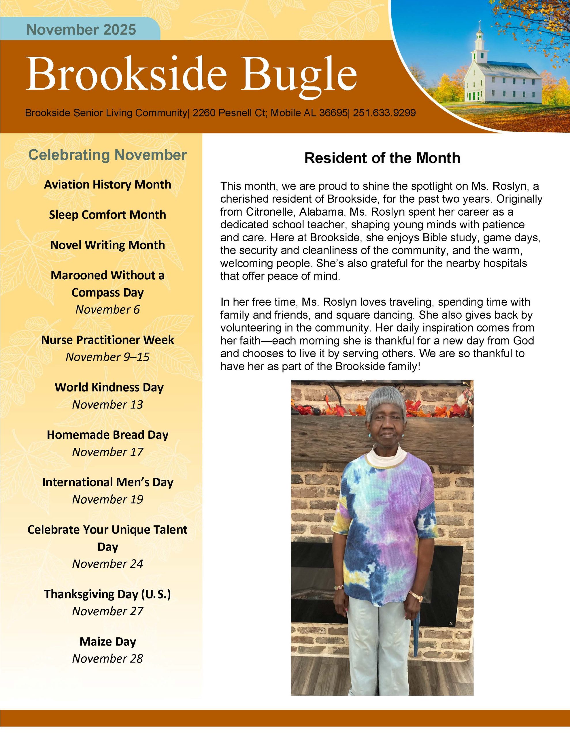 Brookside Senior Living Activity Calendar