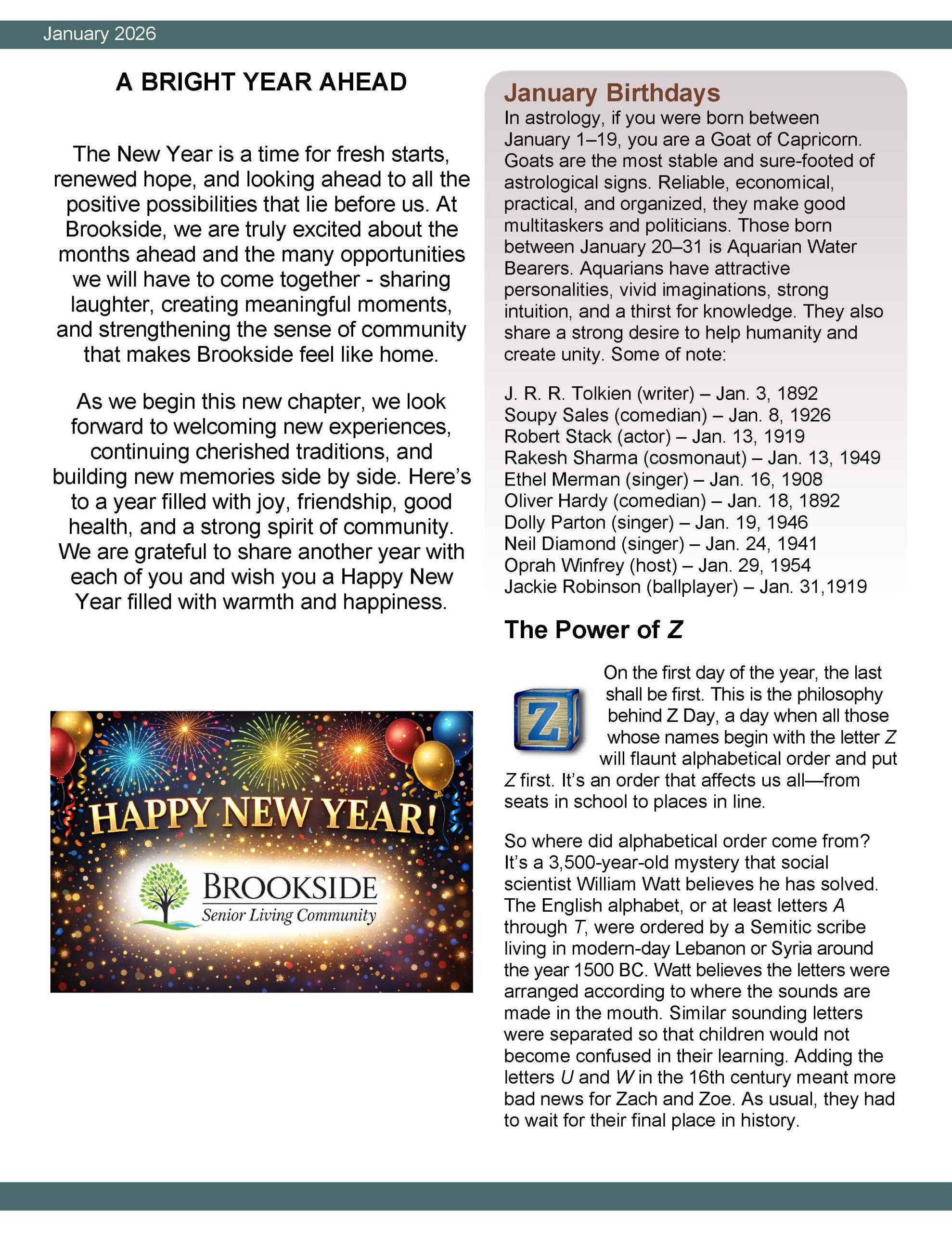 Brookside Senior Living Activity Calendar