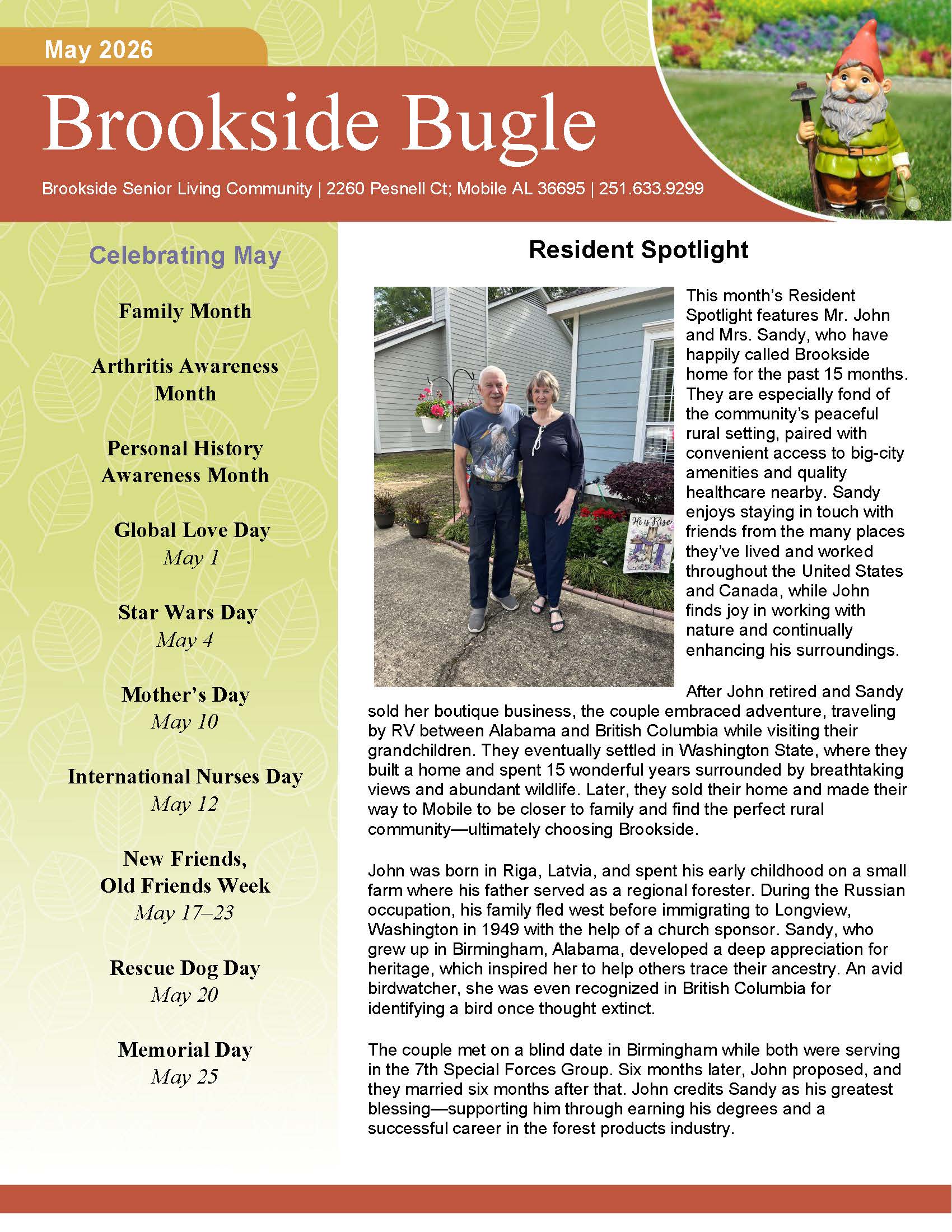 Brookside Senior Living Activity Calendar