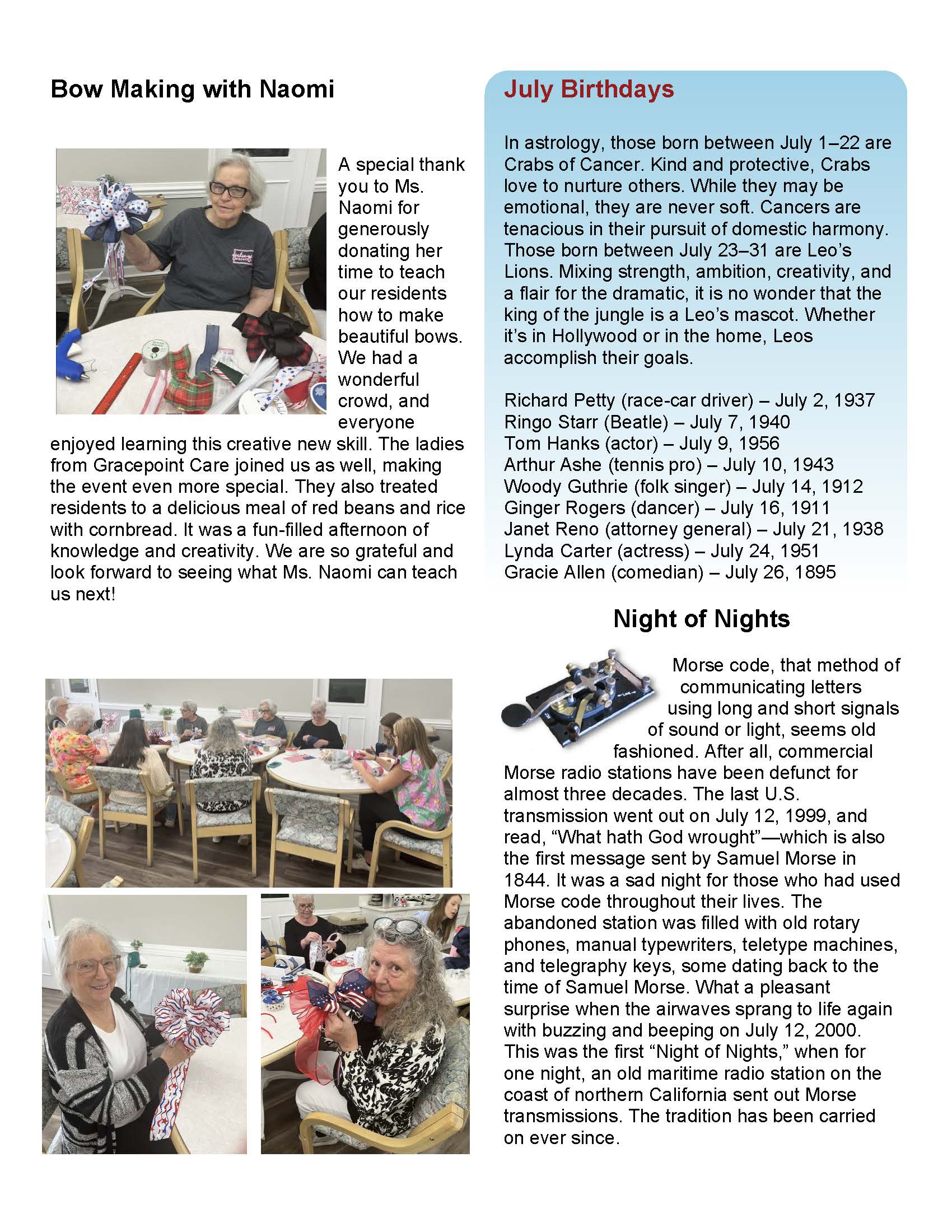 Brookside Senior Living Activity Calendar