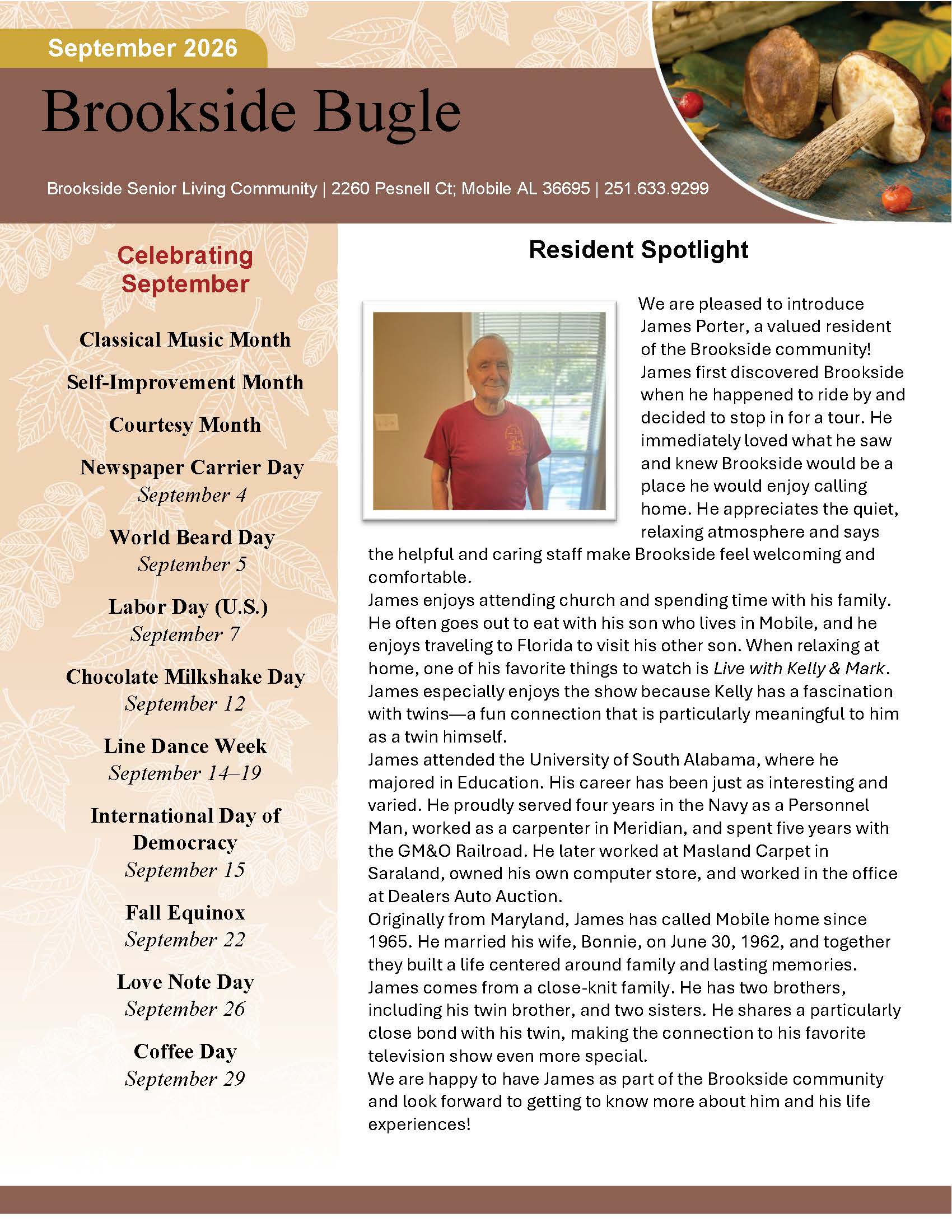 Brookside Senior Living Activity Calendar