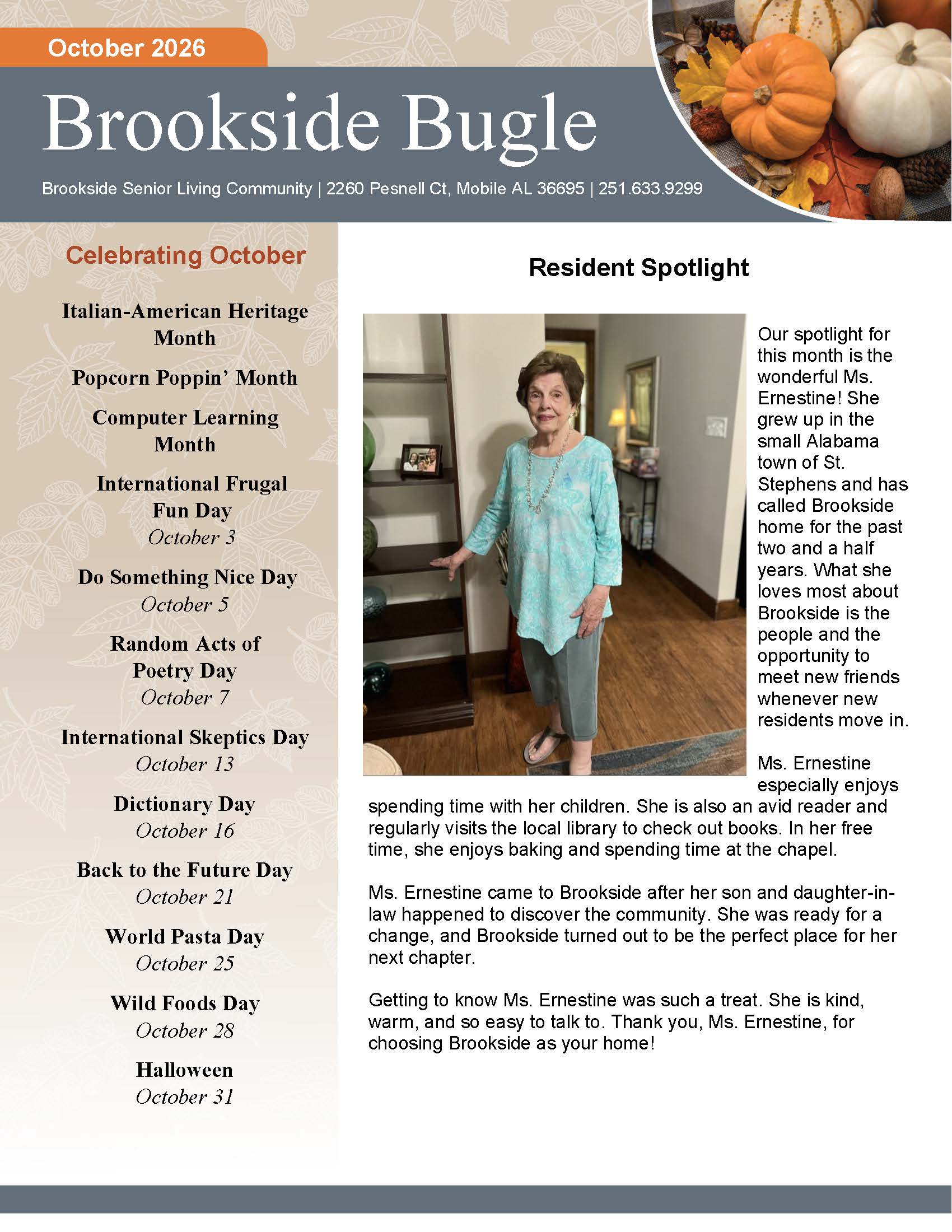 Brookside Senior Living Activity Calendar